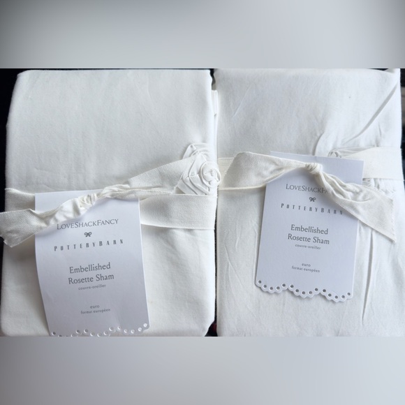 Pottery Barn LoveShackFancy White Embellished Rosette Euro Shams NWT Retail $178 - Picture 2 of 6